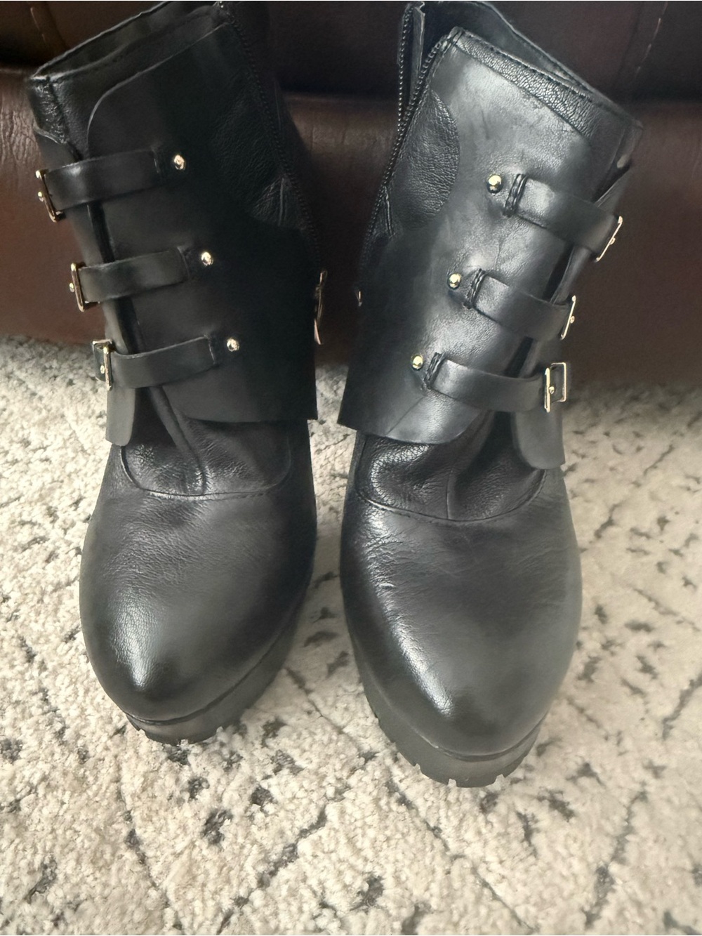 BCBGeneration Black Buckle Strap Ankle Heeled Boots